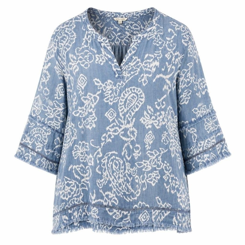 John Mark Tunic Top Womens 2X Blue Paisley 3/4 Sleeve Boho Coastal Resort Fringe